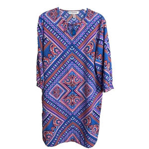 Coolibar UPF Coverall Tunic Dress Sz XS Turquoise Orange Neck Tie Sun Protective